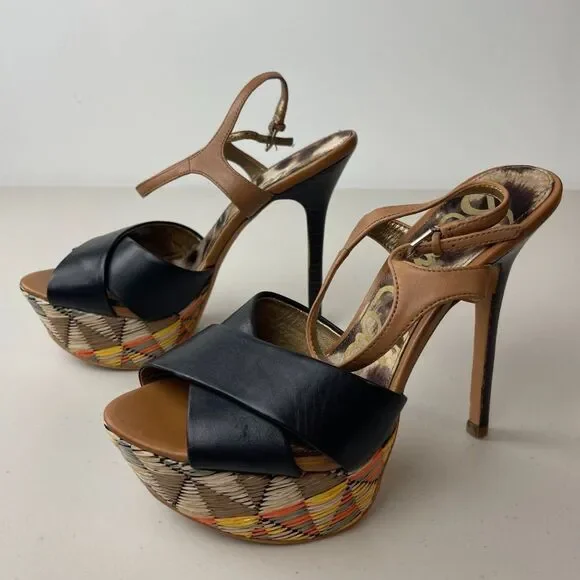 NWOB Sam Edelman Boho Woven Platform Sandals – Black & Tan Strappy Heels 6M - Picture 1 of 7